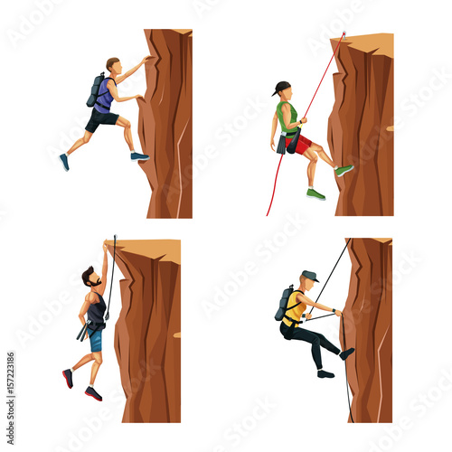 Set Scene Men Climbing On A Rock Mountain Without Equipment Vector