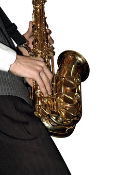 playing shiny saxophone (isolated)