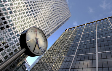 clock and office buildings