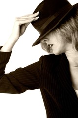 lady with black hat in sepia