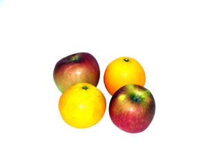 apples and oranges, over white