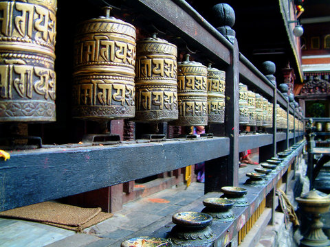 prayer wheels, hiranya verna mahavihar, patan (lalitpur), nepal