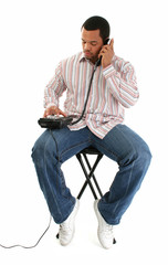 atractive man with landline phone