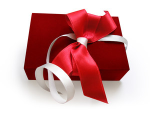 wrapped present with red ribbon