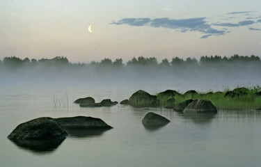 landscape with fog, water and moon - obrazy, fototapety, plakaty