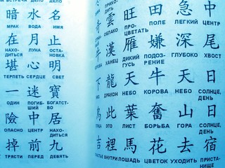 book with hieroglyphs in neon color