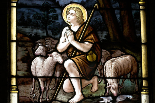 vitraux con imagen biblica de pastor