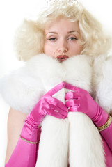 sexy marilyn impersonator wearing white fur stole