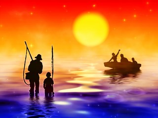 fishing at foggy sunset