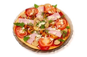 pizza with mushrooms and ham isolated