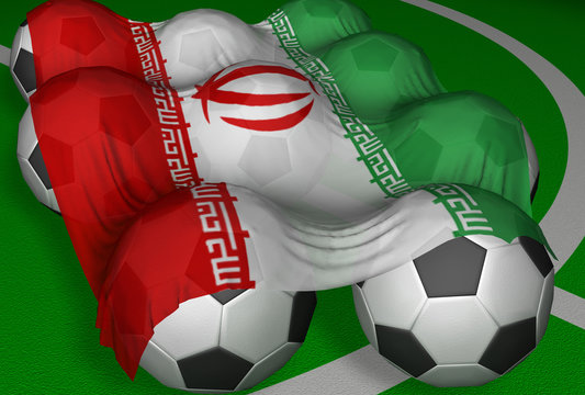 3d-rendering iran flag and soccer-balls