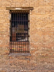 Fototapeta na wymiar bars-covered window in an antique brick building