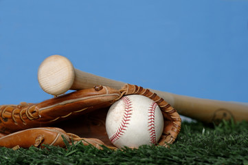 baseball and bat on grass