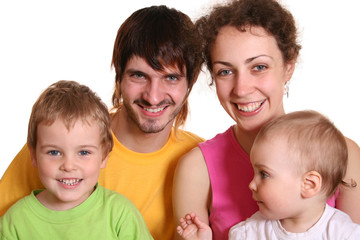 family of four in color t-shirts