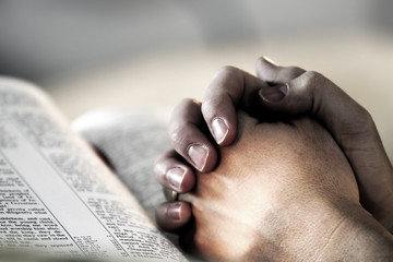 praying hands over a holy bible - obrazy, fototapety, plakaty