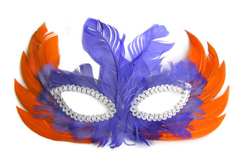 carnival mask, orange and purple feathers