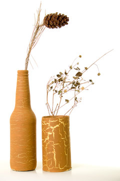 antique vases with dry plants.