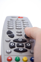 a hand holding a remote