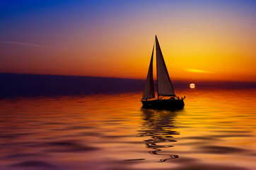 Plakat żeglarstwo i zachód słońca