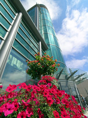 exhibition centre building with flowers