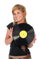 woman holding music record