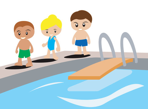 kids at pool, cartoon style, ready to dive clip art preview
