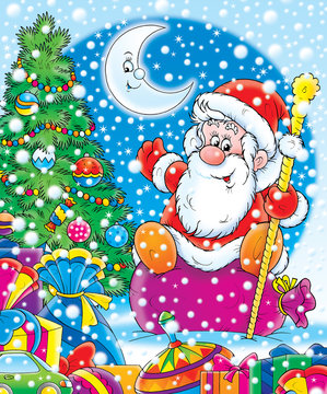 santa claus with christmas fur-tree and gifts