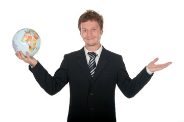 businessman holding globe