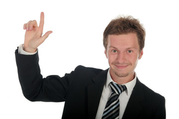 businessman with finger pointing up