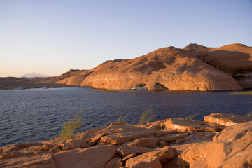 lake powell sunset lit rocks