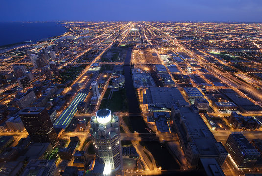 night time aerial view of chicago