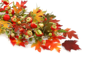 autumn decoration with leafs and apples on white