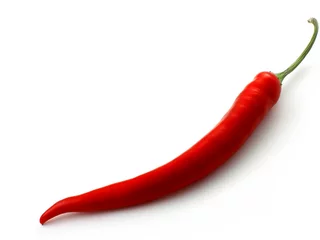 Foto op Plexiglas rode hete chili peper op een witte achtergrond © Roman Sigaev
