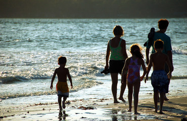 family sunset  walk on the beach