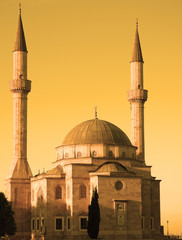 mosque with two minarets in baku, azerbaijan at su