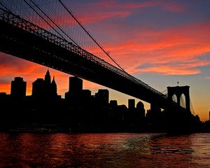 brooklyn bridge sunset - obrazy, fototapety, plakaty