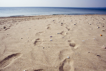  footprints on a beach.
