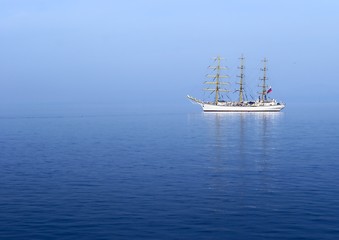 sail ship in the morning mist