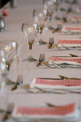 table setting at wedding with water glasses