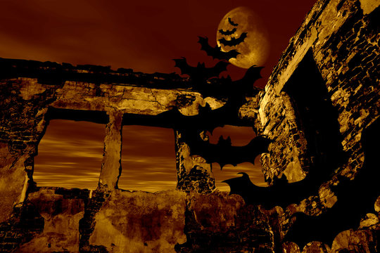 happy halloween. bats are flying over the old ruin