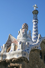 mosaic roof of little building in guell park.