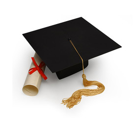 mortar board & diploma on white