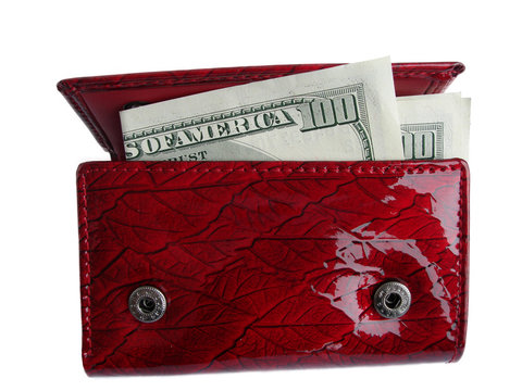 Red Wallet With One Hundred Dollar Bill Sticking Out And Isolate