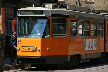 Plakat orange street car trolley milan, itlay