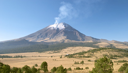 active snowcapped popocatepetl volcano