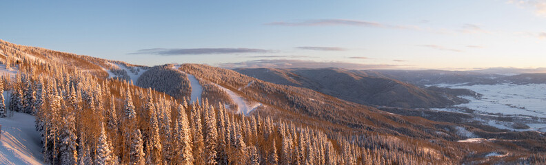 panorama of ski slopes at winter