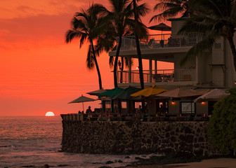 sunset at the beach, cafe