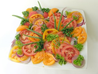 tomatoes salad with onion's green leaves