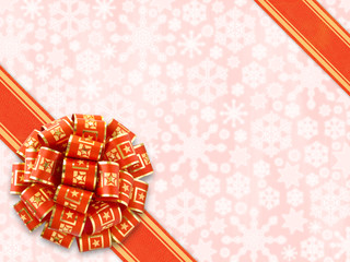 red gift bow over snowflakes background