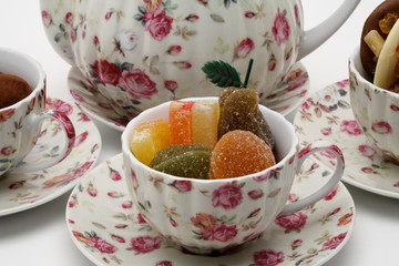 afternoon tea with candy and chocolates close-up